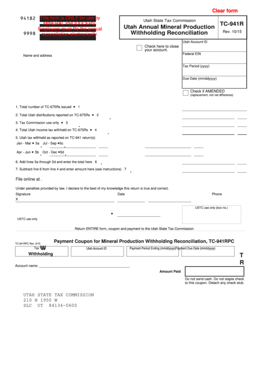 Fillable Form Tc-941r - Ut Annual Mineral Production Withholding Reconciliation - 2015 Printable pdf