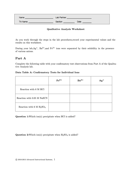 Qualitative Analysis Worksheet Printable pdf