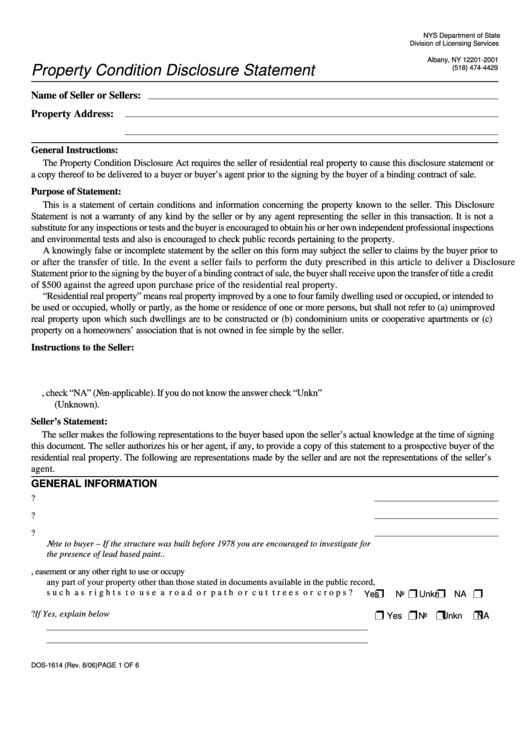 Property Condition Disclosure Statement Printable pdf