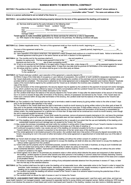 Fillable Kansas Month To Month Rental Contract Template Printable pdf