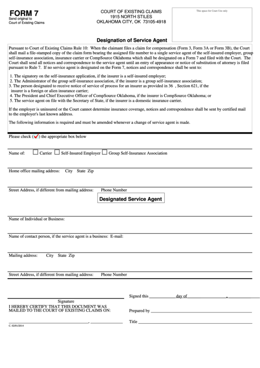 Fillable Designation Of Service Agent - Form 7 Printable pdf
