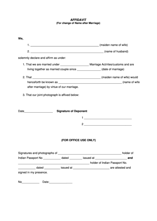 Affidavit (For Change Of Name After Marriage) Printable pdf