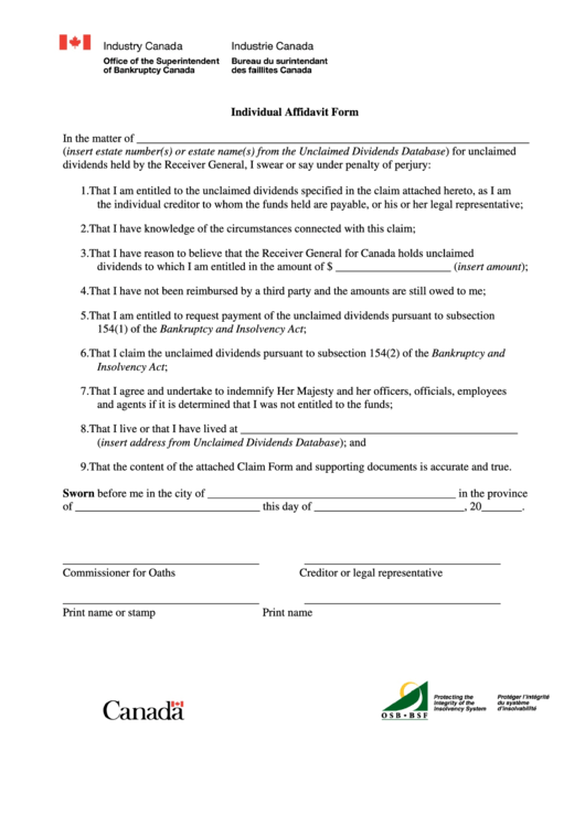 Individual Affidavit Form Printable pdf