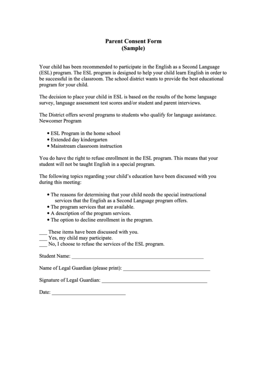 Parent Consent Form (Sample) Printable pdf