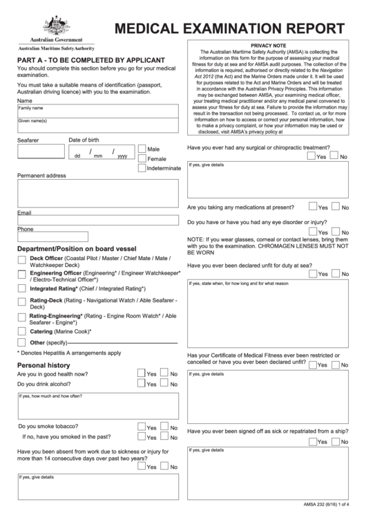 Medical Examination Report Printable pdf