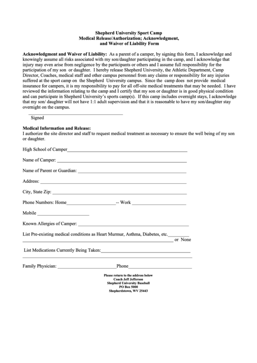 Shepherd University Sport Camp Medical Release/authorization ...