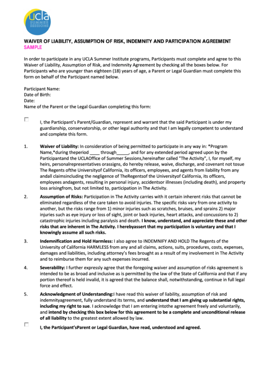 Waiver Of Liability, Assumption Of Risk, Indemnity And Participation Agreement Printable pdf