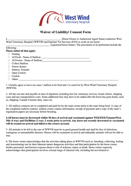 Waiver Of Liability/ Consent Form - West Wind Veterinary Hospital Printable pdf