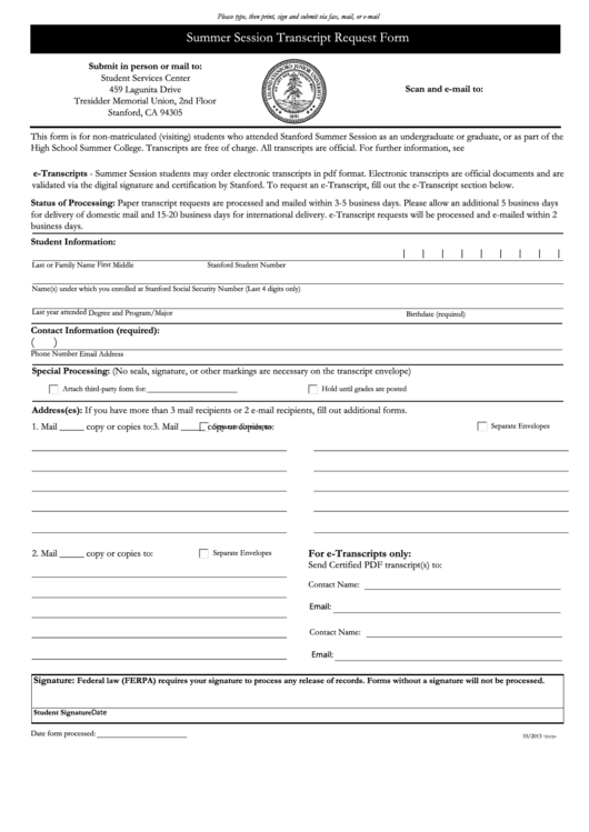 Fillable Summer Session Transcript Request Form Printable pdf
