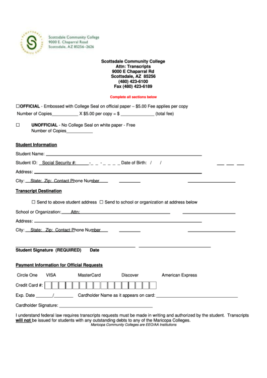 Transcript Request Form - Scottsdale Community College Printable pdf