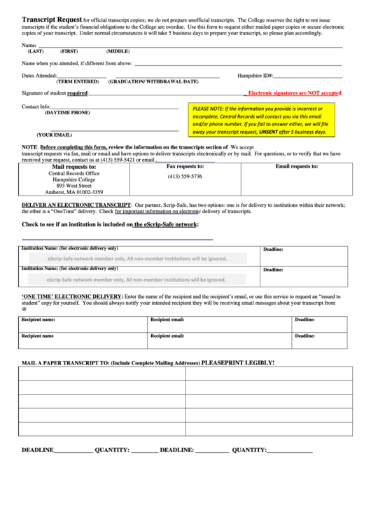 Transcript Request For Official Transcript Copies Printable pdf