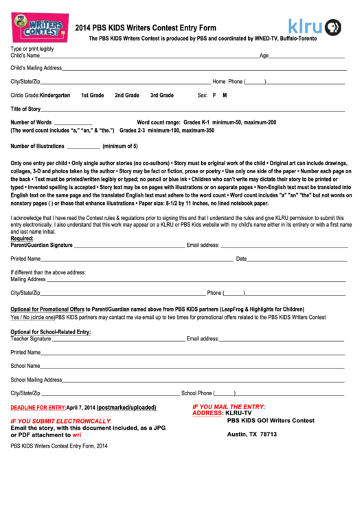 Fillable 2014 Writers Contest Entry Form Printable pdf