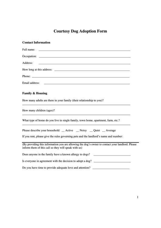 Dog Adoption Application Form Printable pdf