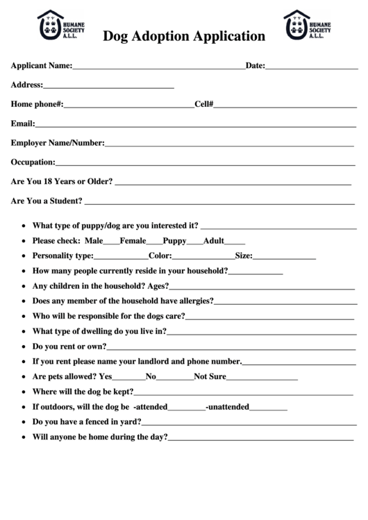 Dog Adoption Application Printable Pdf Download