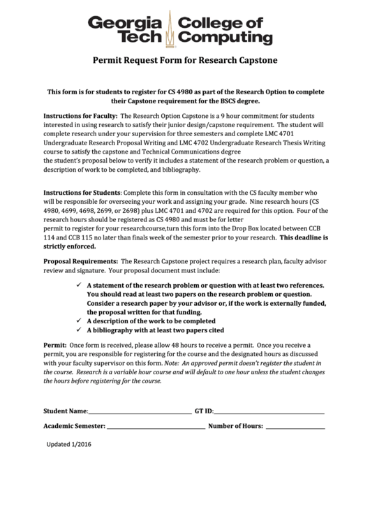 Permit Request Form For Research Capstone Printable pdf