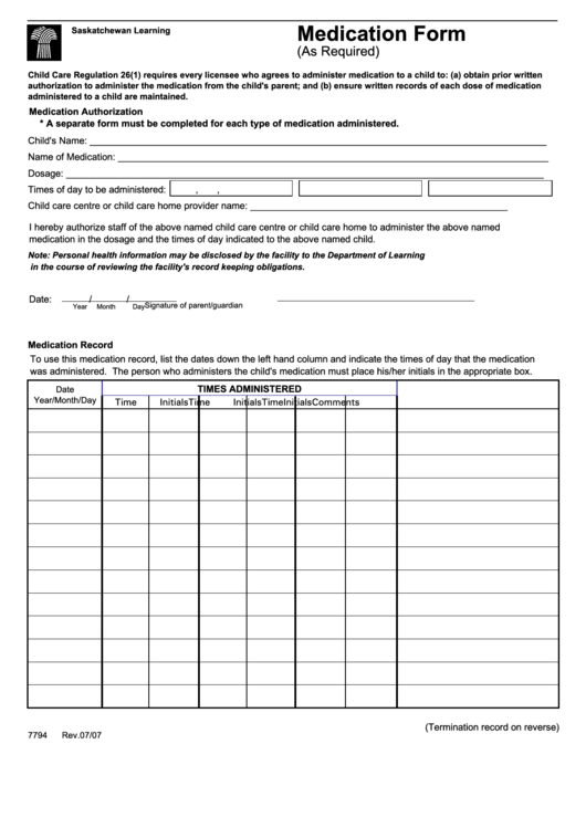 Medication Form Printable pdf
