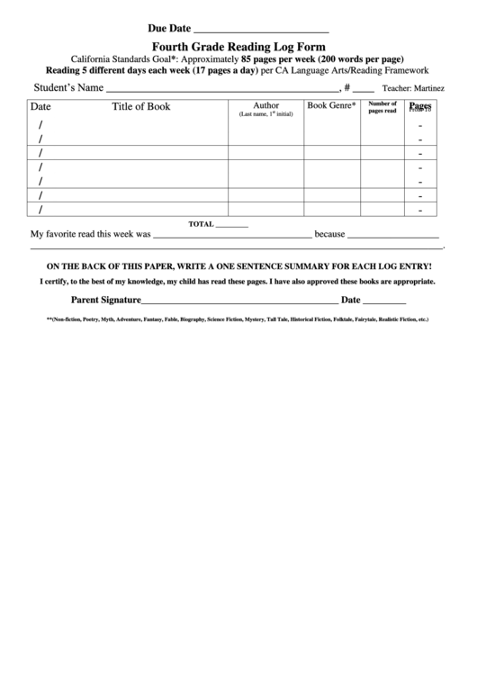 Fourth Grade Reading Log Form Printable pdf