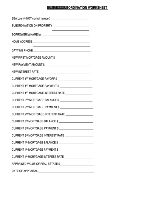 Fillable Business Subordination Worksheet Printable pdf