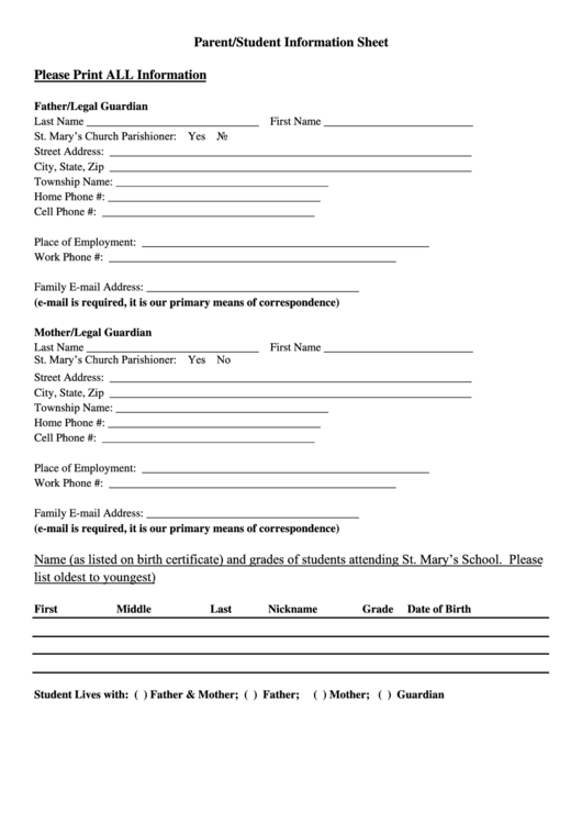 Parent/student Information Sheet Printable pdf