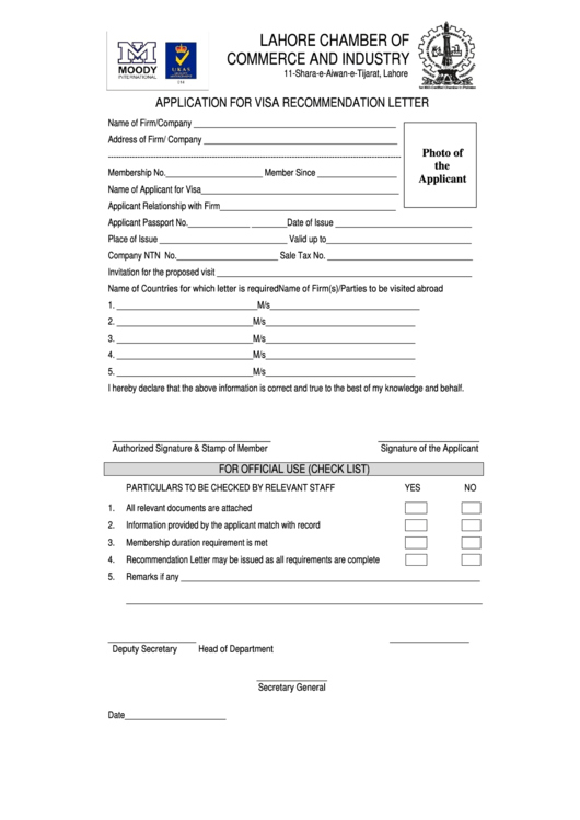 Application For Visa Recommendation Letter Printable pdf