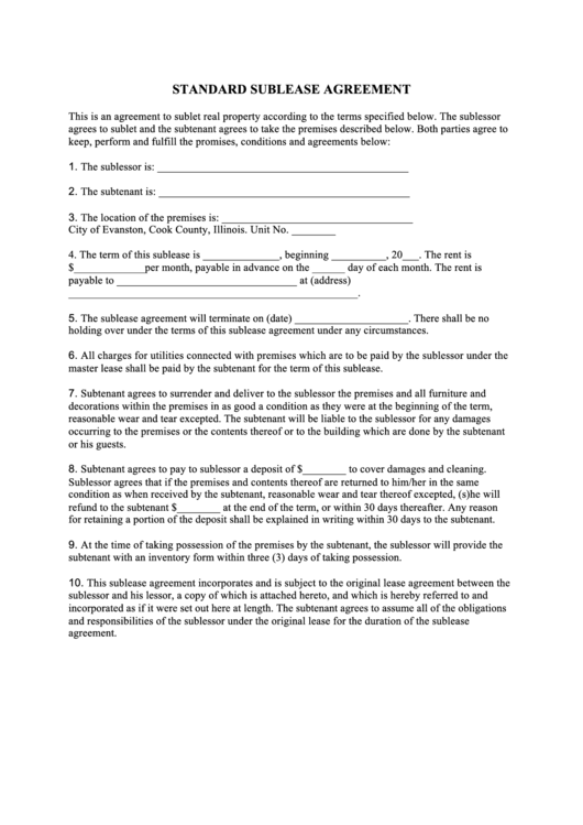 Fillable Standard Sublease Agreement Template Printable pdf