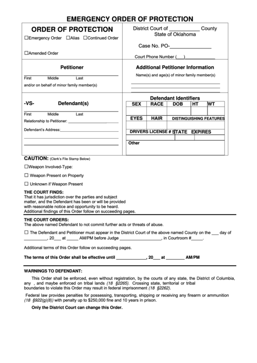 Aoc Form 66 - Emergency Order Of Protection Printable pdf