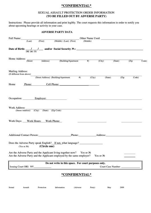 Fillable Adverse Party Information Form (Sexual Assault Protection Information) Printable pdf