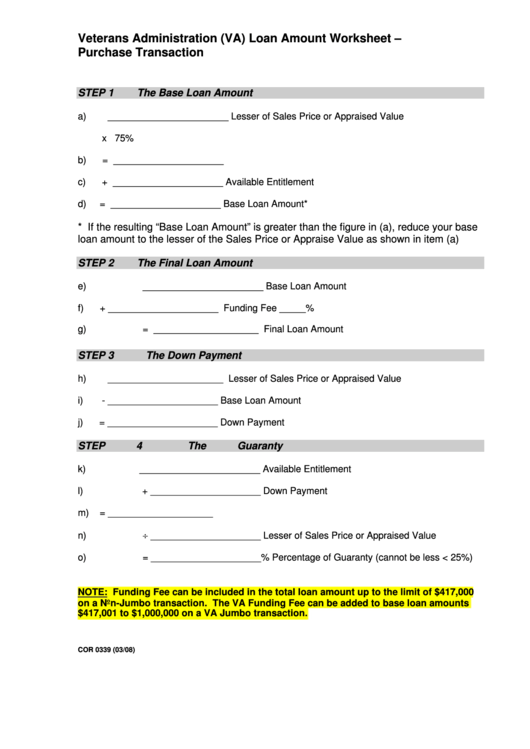 Veterans Administration (Va) Loan Amount Worksheet Printable pdf