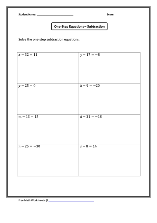 One-Step Equations - Subtraction Printable pdf