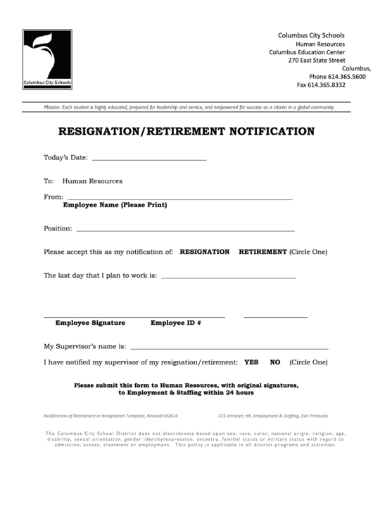 Fillable Resignation/retirement Notification Printable pdf