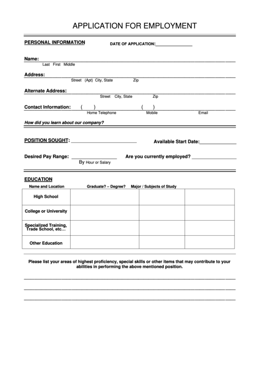 Application Form For Employment Printable pdf