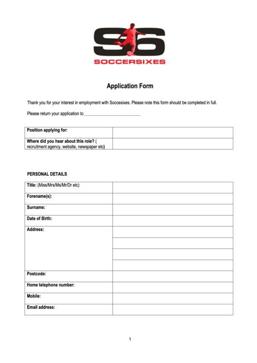 Soccesixes Application Form Printable pdf