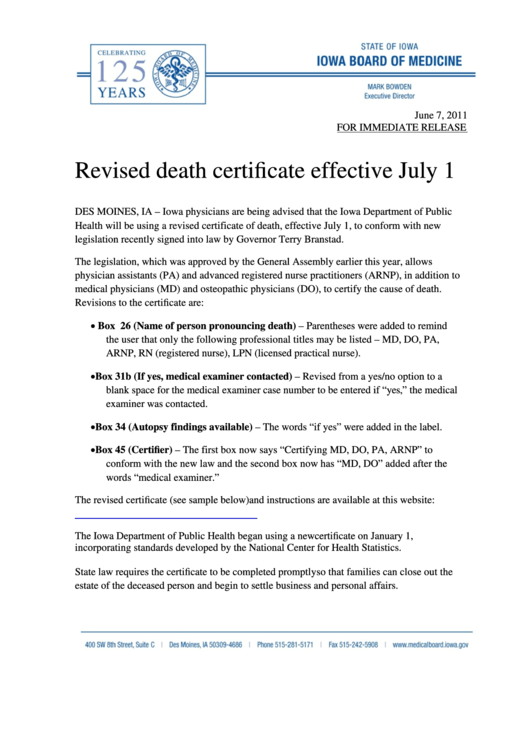 State Of Iowa Iowa Department Of Public Health Certificate Of Death