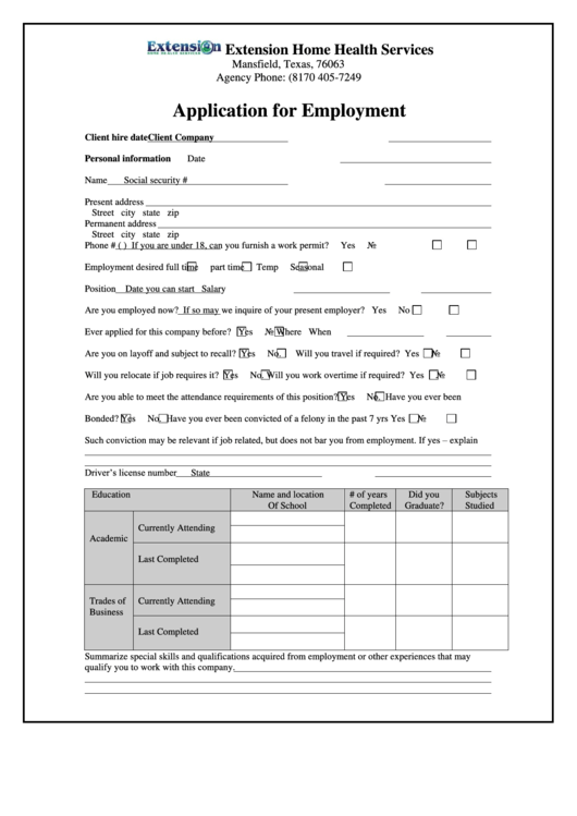 Application For Employment - Extension Home Health Services Printable pdf