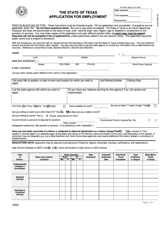 The State Of Texas Application For Employment Printable pdf