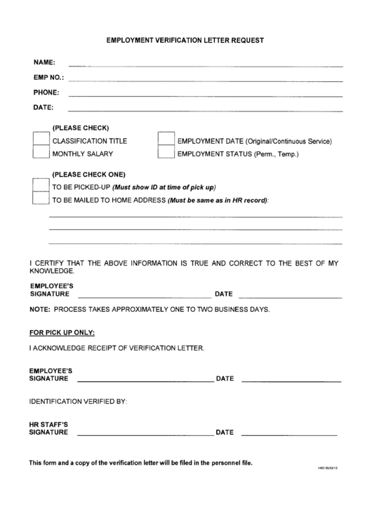 Employment Verification Letter Request Printable pdf