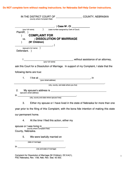 Fillable Complaint For Dissolution Of Marriage (No Children) - Nebraska District Court Printable pdf