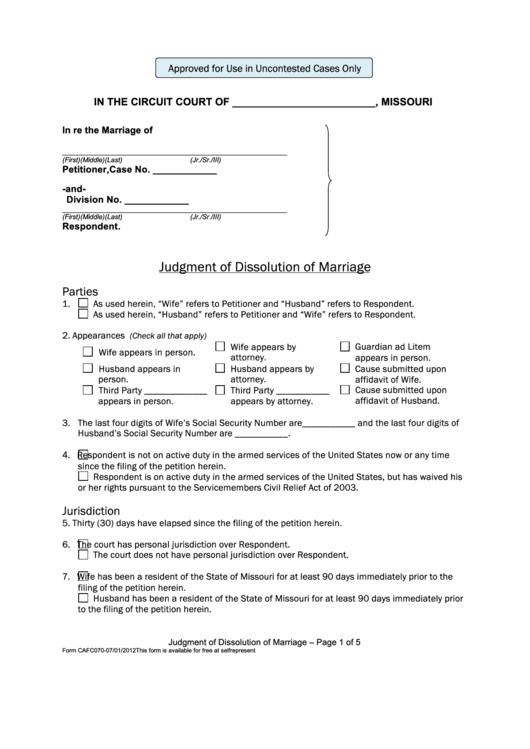 Fillable Judgment Of Dissolution Of Marriage Printable pdf