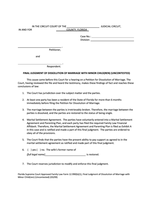 Final Judgment Of Dissolution Of Marriage With Minor Child(Ren) (Uncontested) Printable pdf