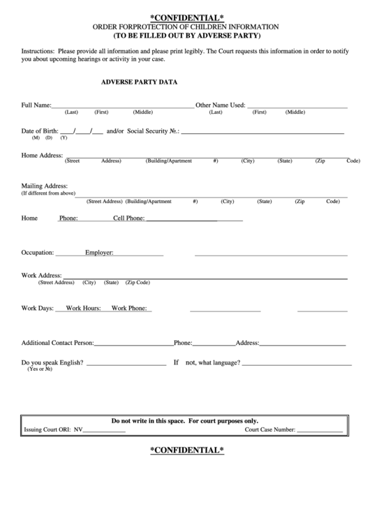 Adverse Party Information Form (Order For Protection Of Children Information) Printable pdf