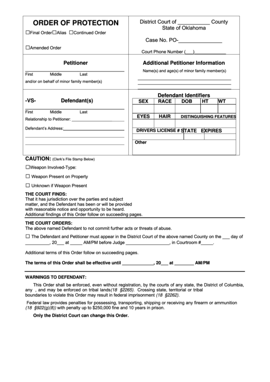 Aoc Form 67 - Order Of Protection Printable pdf