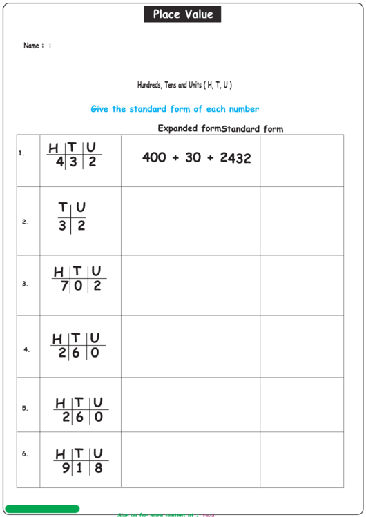 Place Value Worksheet (Hundreds, Tens And Units) Printable pdf