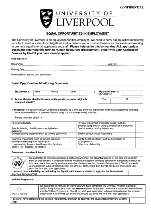 Equal Opportunities In Employment Application Form Printable pdf