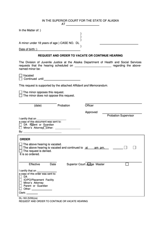 Fillable Request And Order To Vacate Or Continue Hearing Printable pdf