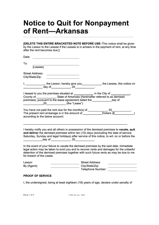 Fillable Notice To Quit For Nonpayment Of Rent - Arkansas Printable pdf