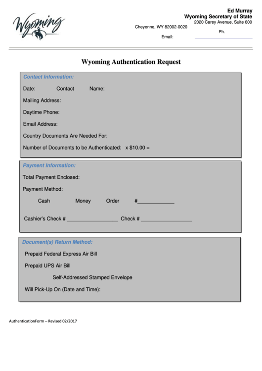 Fillable Wyoming Authentication Request Form - 2017 printable pdf download