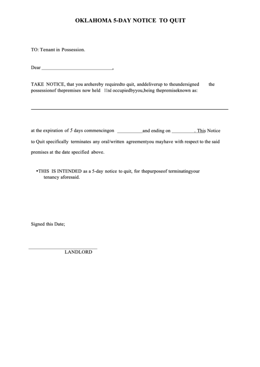Fillable Oklahoma 5-Day Notice To Quit Template Printable pdf