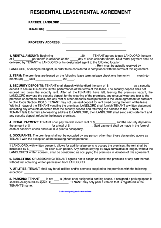 Residential Lease/rental Agreement Template Printable pdf