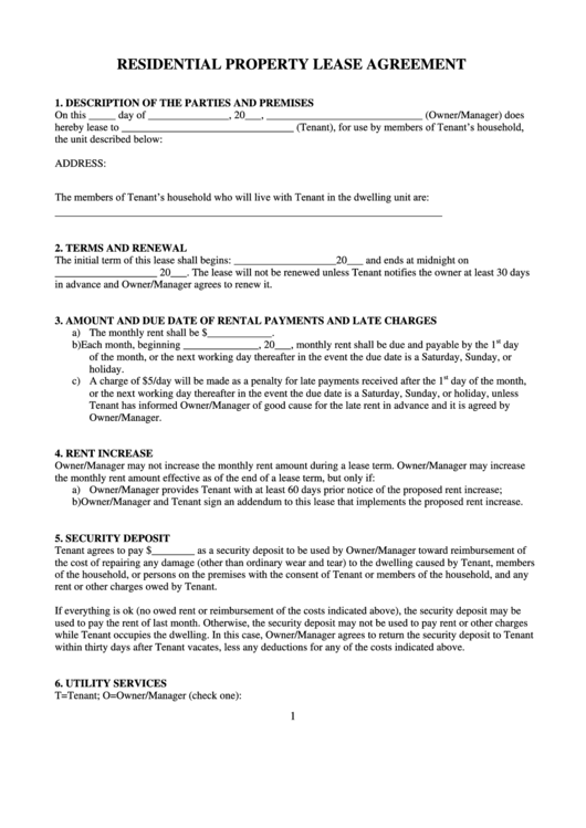 Residential Property Lease Agreement Printable pdf