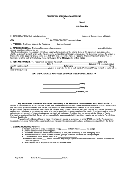 Residential Home Lease Agreement